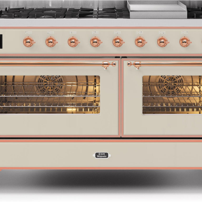 ILVE Majestic II 60" Propane Gas Burner, Electric Oven Range in Antique White with Copper Trim, UM15FDNS3AWPLP