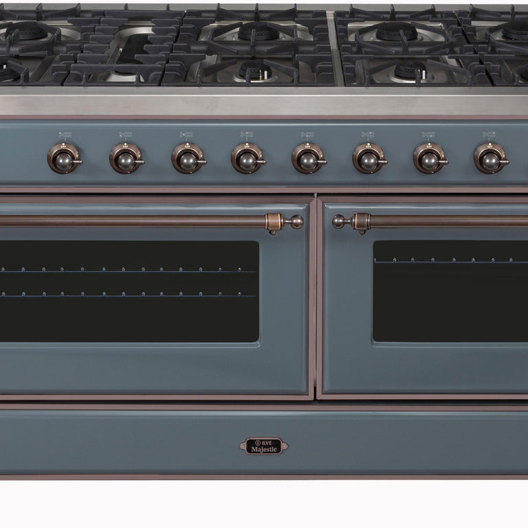 ILVE Majestic II 60" Natural Gas Burner, Electric Oven Range in Blue Grey with Bronze Trim, UM15FDNS3BGBNG