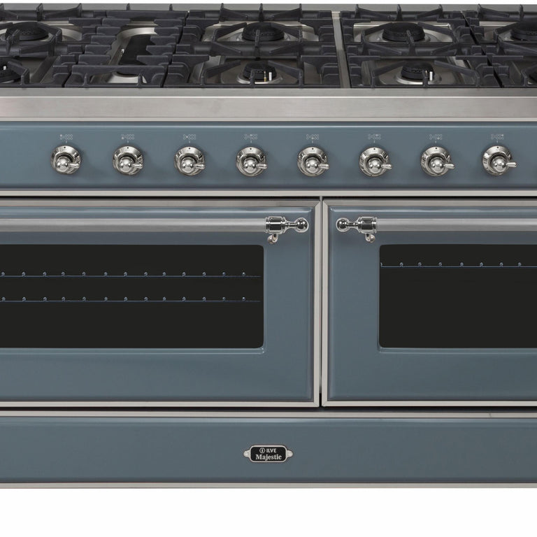 ILVE Majestic II 60" Natural Gas Burner, Electric Oven Range in Blue Grey with Chrome Trim, UM15FDNS3BGCNG