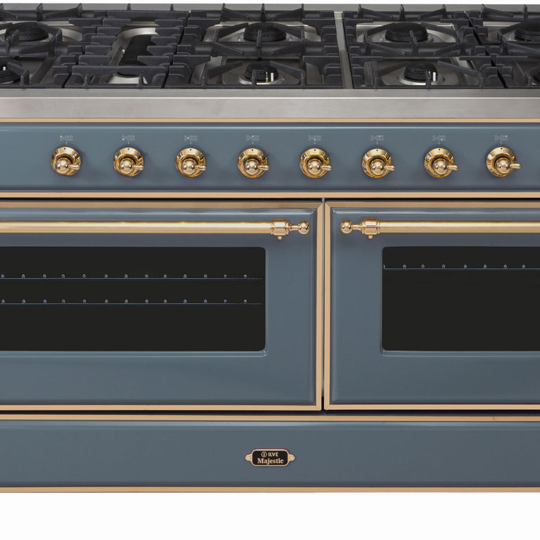 ILVE Majestic II 60" Natural Gas Burner, Electric Oven Range in Blue Grey with Brass Trim, UM15FDNS3BGGNG