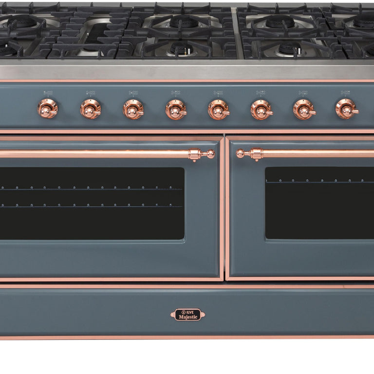 ILVE Majestic II 60" Natural Gas Burner, Electric Oven Range in Blue Grey with Copper Trim, UM15FDNS3BGPNG