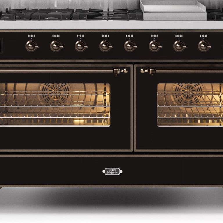 ILVE Majestic II 60" Propane Gas Burner, Electric Oven Range in Glossy Black with Bronze Trim, UM15FDNS3BKBLP