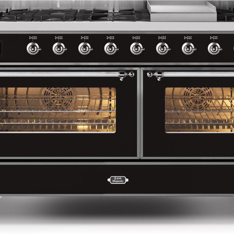 ILVE Majestic II 60" Propane Gas Burner, Electric Oven Range in Glossy Black with Chrome Trim, UM15FDNS3BKCLP