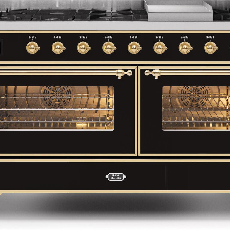 ILVE Majestic II 60" Propane Gas Burner, Electric Oven Range in Glossy Black with Brass Trim, UM15FDNS3BKGLP