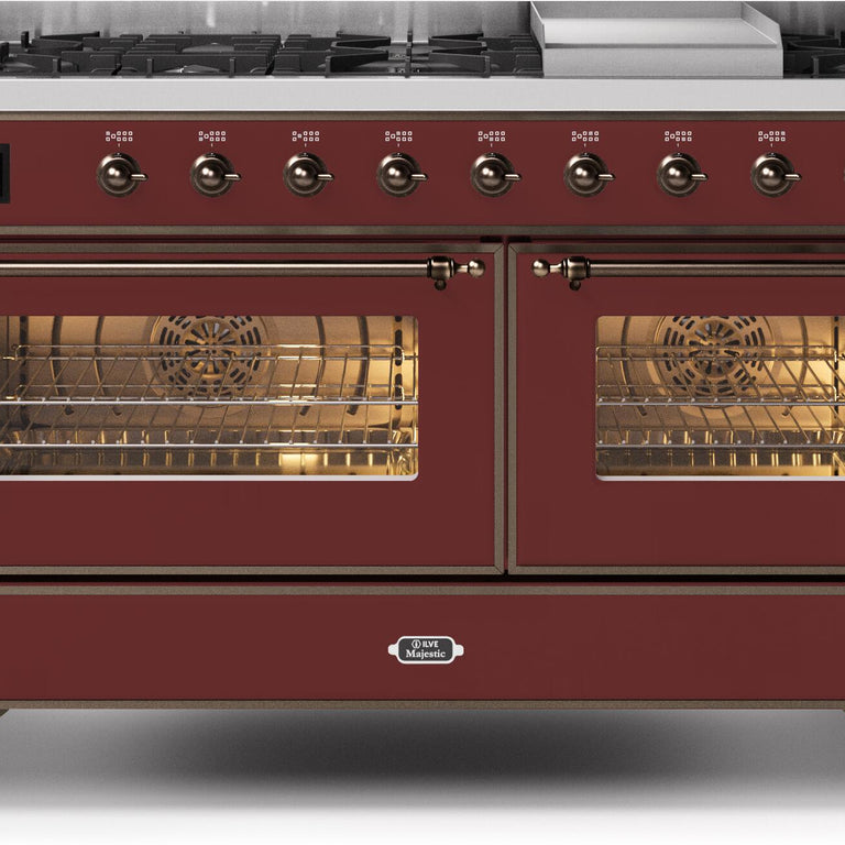 ILVE Majestic II 60" Propane Gas Burner, Electric Oven Range in Burgundy with Bronze Trim, UM15FDNS3BUBLP
