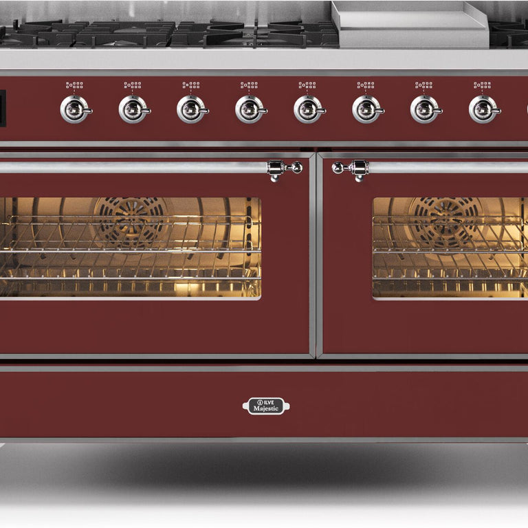 ILVE Majestic II 60" Propane Gas Burner, Electric Oven Range in Burgundy with Chrome Trim, UM15FDNS3BUCLP