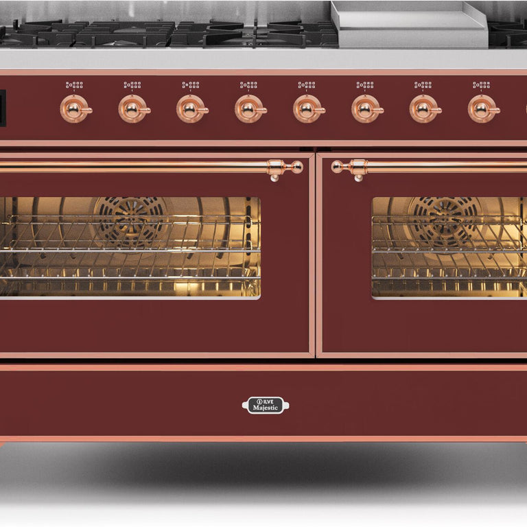 ILVE Majestic II 60" Propane Gas Burner, Electric Oven Range in Burgundy with Copper Trim, UM15FDNS3BUPLP