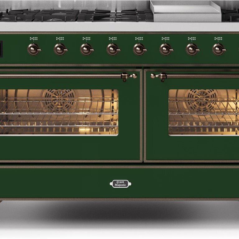 ILVE Majestic II 60" Natural Gas Burner, Electric Oven Range in Emerald Green with Bronze Trim, UM15FDNS3EGBNG
