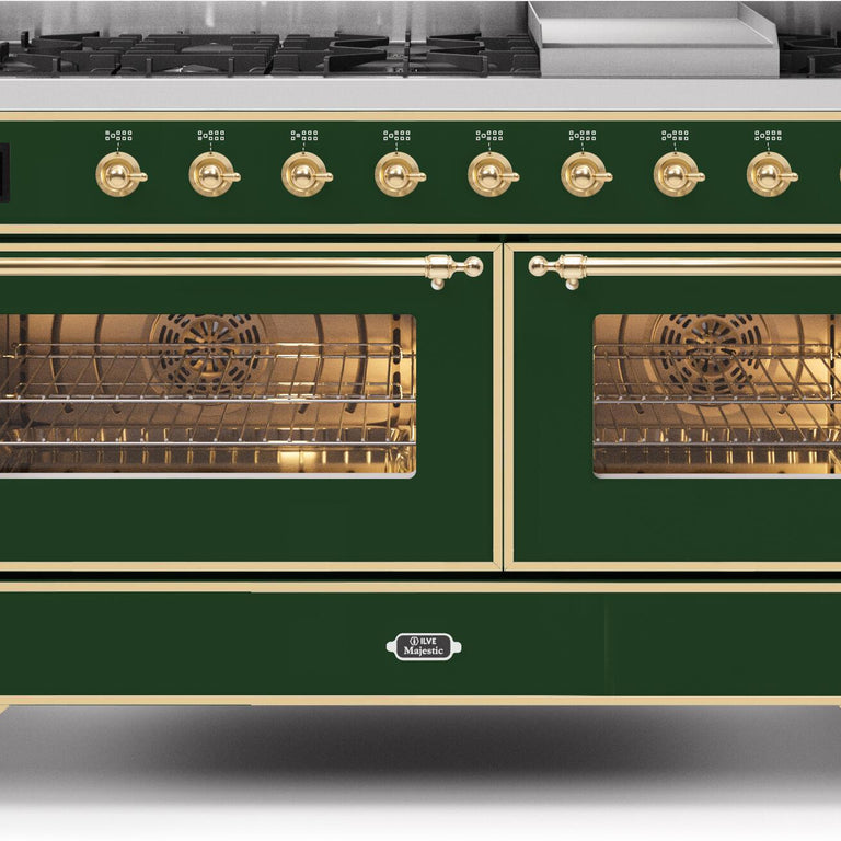 ILVE Majestic II 60" Natural Gas Burner, Electric Oven Range in Emerald Green with Brass Trim, UM15FDNS3EGGNG