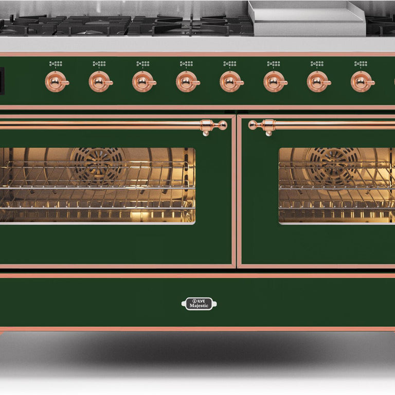 ILVE Majestic II 60" Natural Gas Burner, Electric Oven Range in Emerald Green with Copper Trim, UM15FDNS3EGPNG