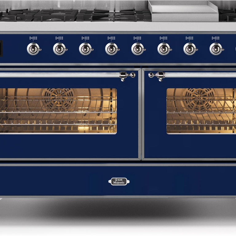 ILVE Majestic II 60" Propane Gas Burner, Electric Oven Range in Midnight Blue with Chrome Trim, UM15FDNS3MBCLP