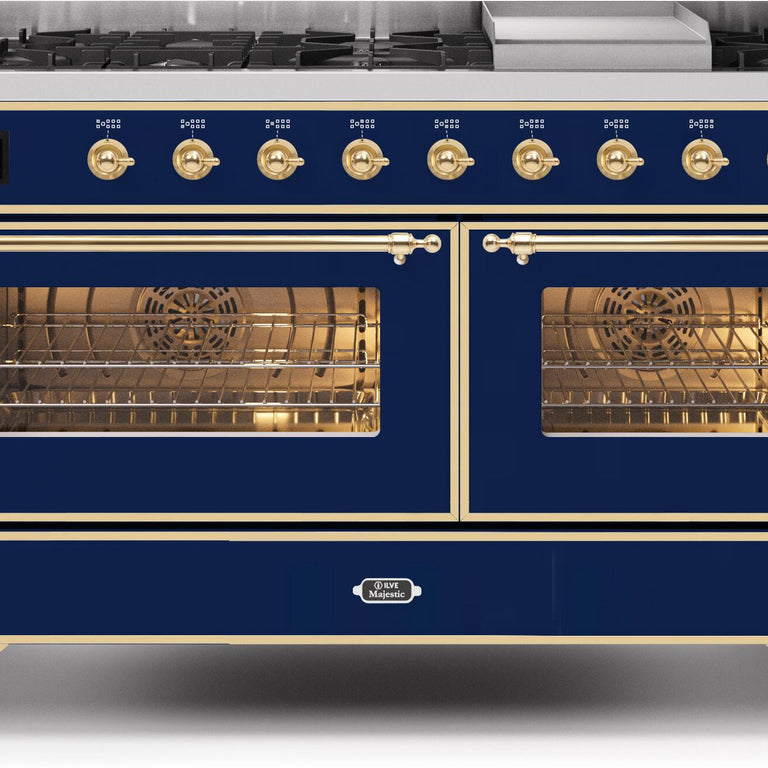 ILVE Majestic II 60" Propane Gas Burner, Electric Oven Range in Midnight Blue with Brass Trim, UM15FDNS3MBGLP