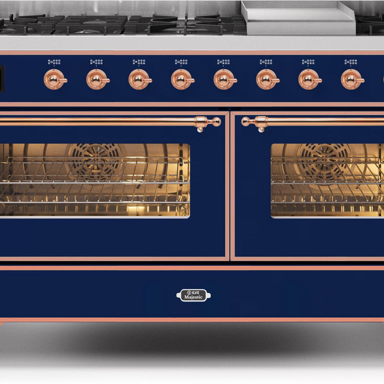 ILVE Majestic II 60" Natural Gas Burner, Electric Oven Range in Midnight Blue with Copper Trim, UM15FDNS3MBPNG