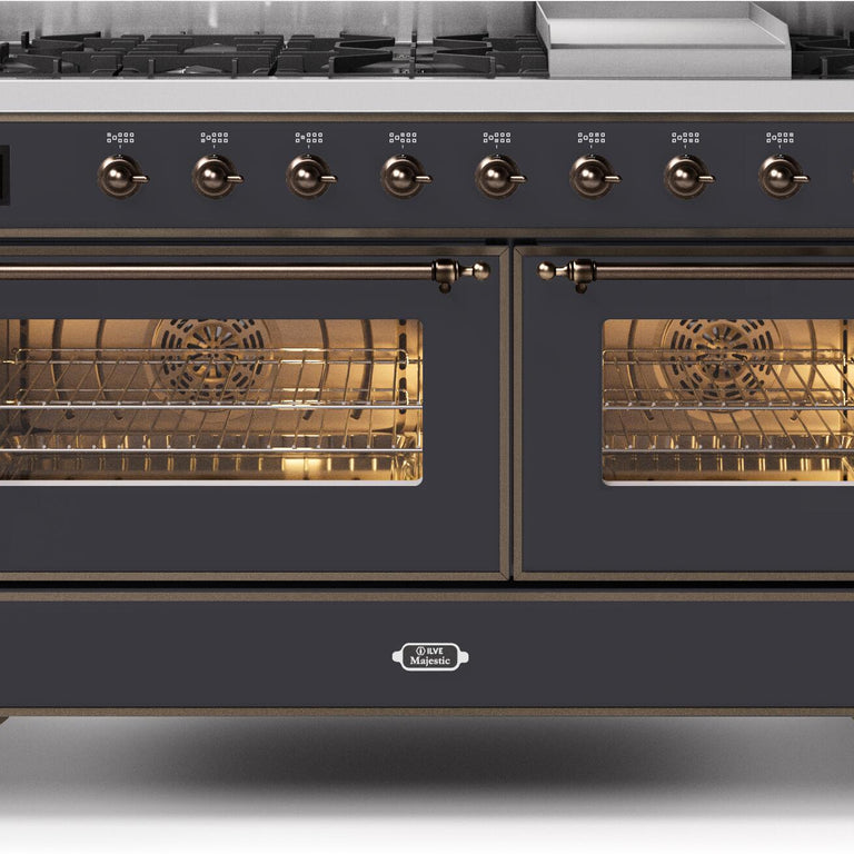 ILVE Majestic II 60" Natural Gas Burner, Electric Oven Range in Matte Graphite with Bronze Trim, UM15FDNS3MGBNG