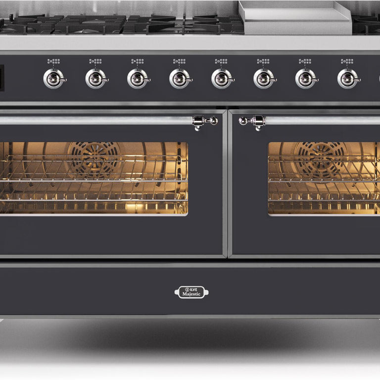 ILVE Majestic II 60" Natural Gas Burner, Electric Oven Range in Matte Graphite with Chrome Trim, UM15FDNS3MGCNG