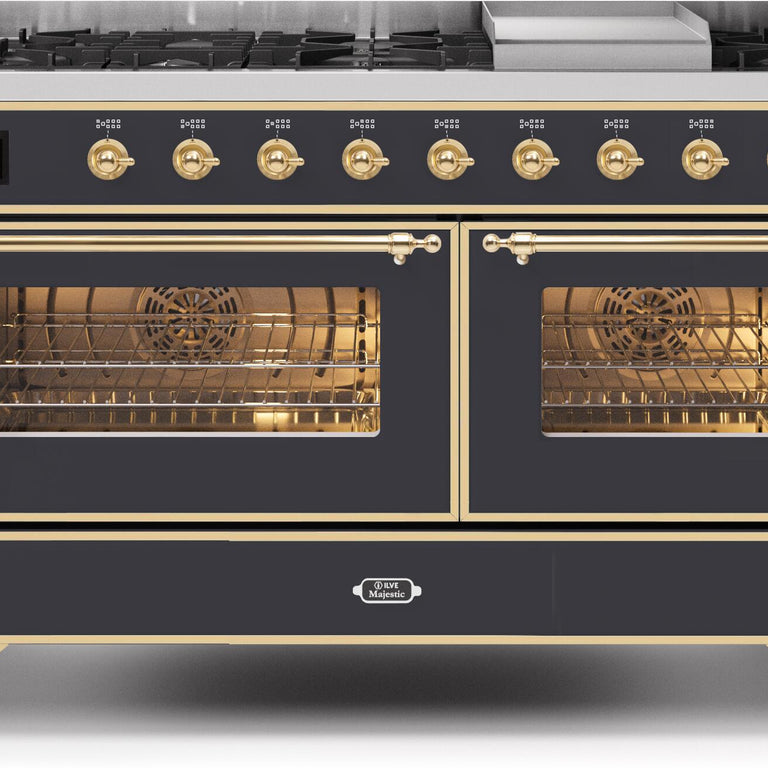 ILVE Majestic II 60" Natural Gas Burner, Electric Oven Range in Matte Graphite with Brass Trim, UM15FDNS3MGGNG