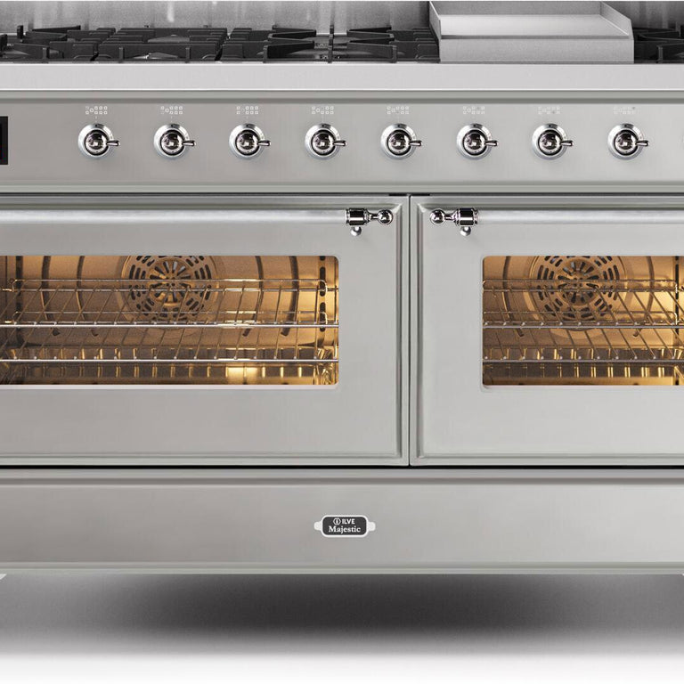 ILVE Majestic II 60" Natural Gas Burner, Electric Oven Range in Stainless Steel with Chrome Trim, UM15FDNS3SSCNG