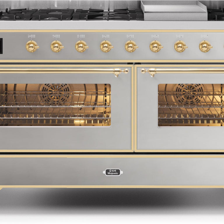 ILVE Majestic II 60" Natural Gas Burner, Electric Oven Range in Stainless Steel with Brass Trim, UM15FDNS3SSGNG