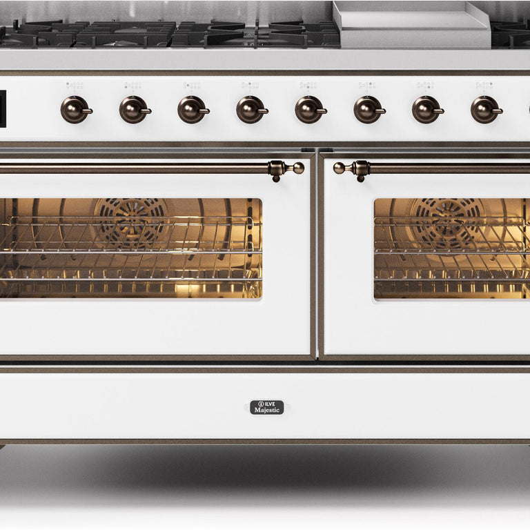 ILVE Majestic II 60" Natural Gas Burner, Electric Oven Range in White with Bronze Trim, UM15FDNS3WHBNG