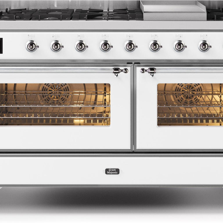 ILVE Majestic II 60" Propane Gas Burner, Electric Oven Range in White with Chrome Trim, UM15FDNS3WHCLP