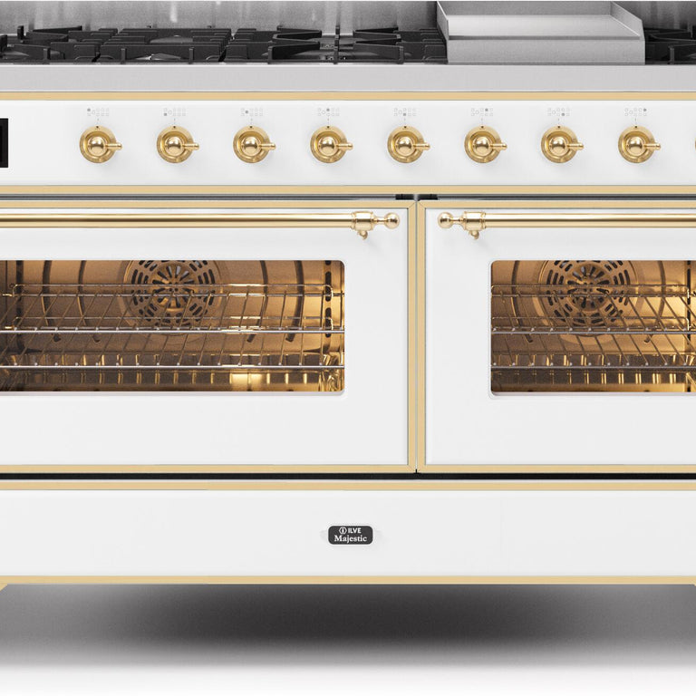 ILVE Majestic II 60" Natural Gas Burner, Electric Oven Range in White with Brass Trim, UM15FDNS3WHGNG