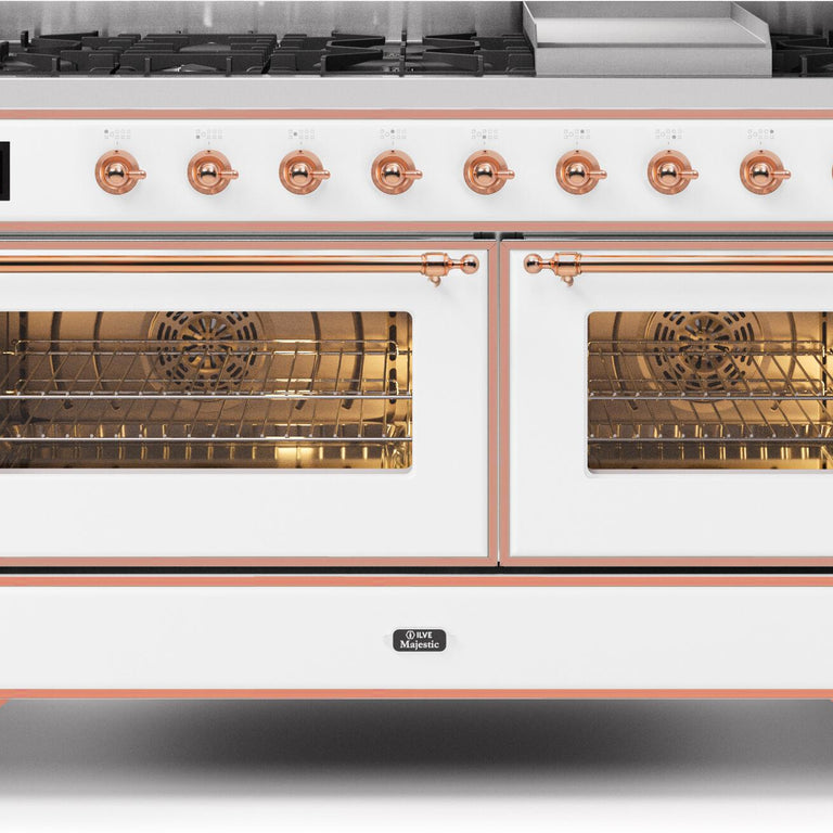 ILVE Majestic II 60" Propane Gas Burner, Electric Oven Range in White with Copper Trim, UM15FDNS3WHPLP