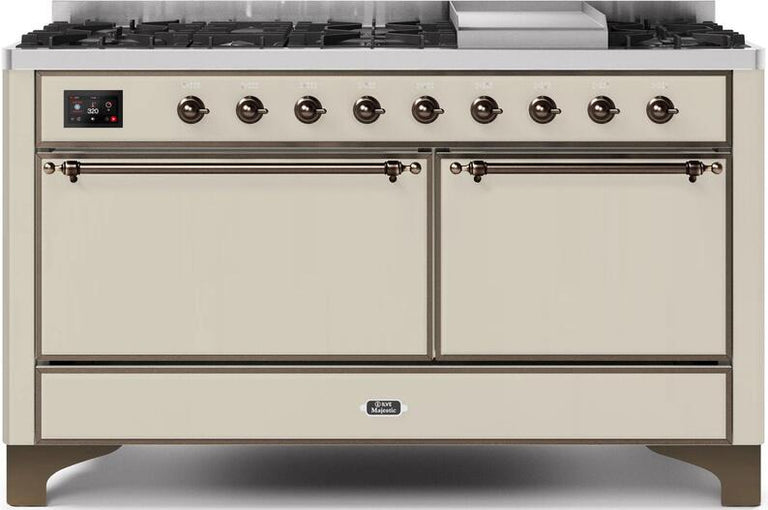 ILVE Majestic II 60" Natural Gas Burner, Electric Oven Range in Antique White with Bronze Trim, UM15FDQNS3AWBNG