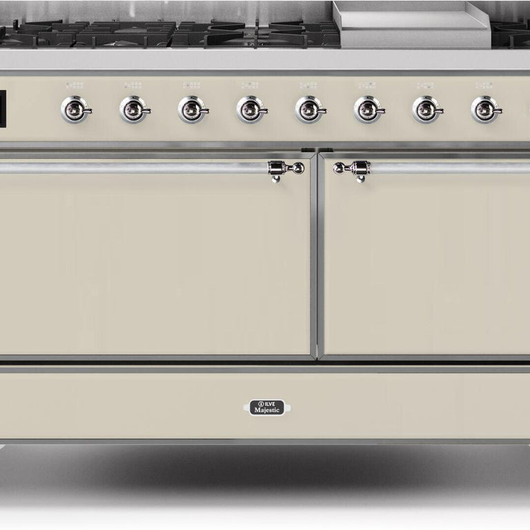 ILVE Majestic II 60" Propane Gas Burner, Electric Oven Range in Antique White with Chrome Trim, UM15FDQNS3AWCLP