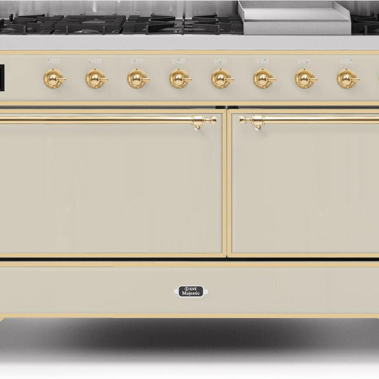 ILVE Majestic II 60" Propane Gas Burner, Electric Oven Range in Antique White with Brass Trim, UM15FDQNS3AWGLP
