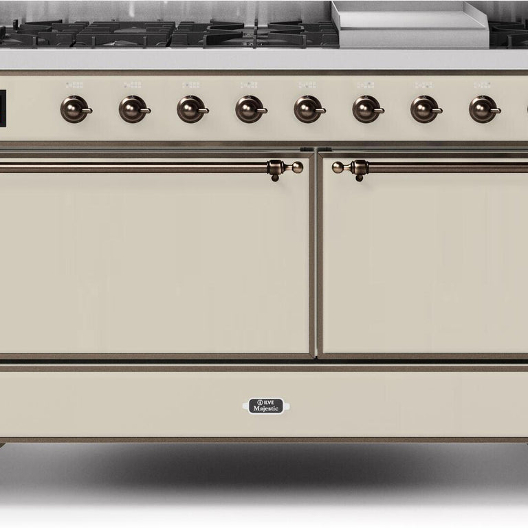 ILVE Majestic II 60" Natural Gas Burner, Electric Oven Range in Antique White with Copper Trim, UM15FDQNS3AWPNG