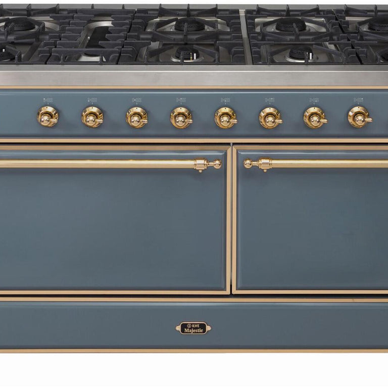 ILVE Majestic II 60" Natural Gas Burner, Electric Oven Range in Blue Grey with Brass Trim, UM15FDQNS3BGGNG