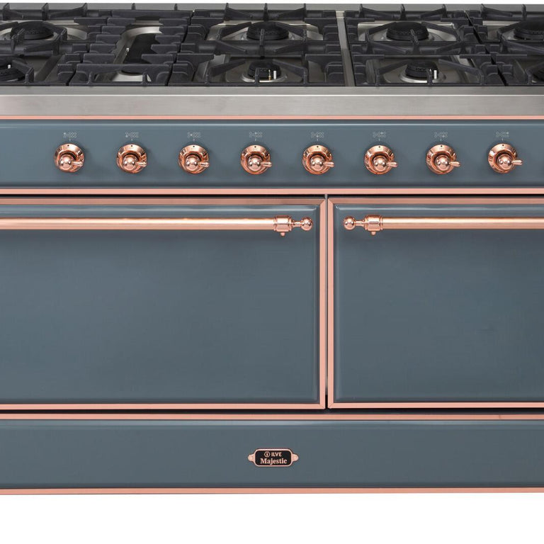 ILVE Majestic II 60" Propane Gas Burner, Electric Oven Range in Blue Grey with Copper Trim, UM15FDQNS3BGPLP
