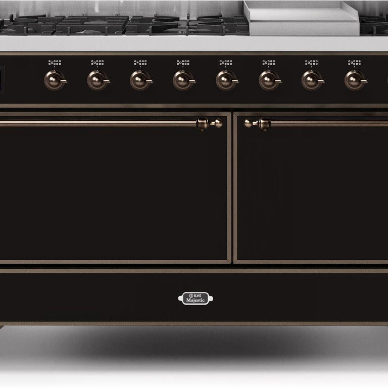 ILVE Majestic II 60" Natural Gas Burner, Electric Oven Range in Glossy Black with Bronze Trim, UM15FDQNS3BKBNG