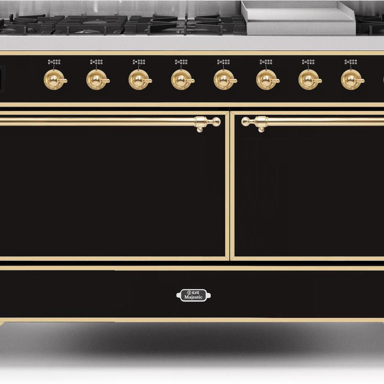 ILVE Majestic II 60" Propane Gas Burner, Electric Oven Range in Glossy Black with Brass Trim, UM15FDQNS3BKGLP