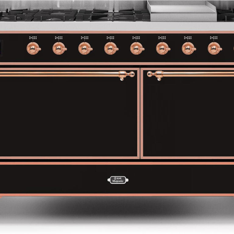 ILVE Majestic II 60" Propane Gas Burner, Electric Oven Range in Glossy Black with Copper Trim, UM15FDQNS3BKPLP