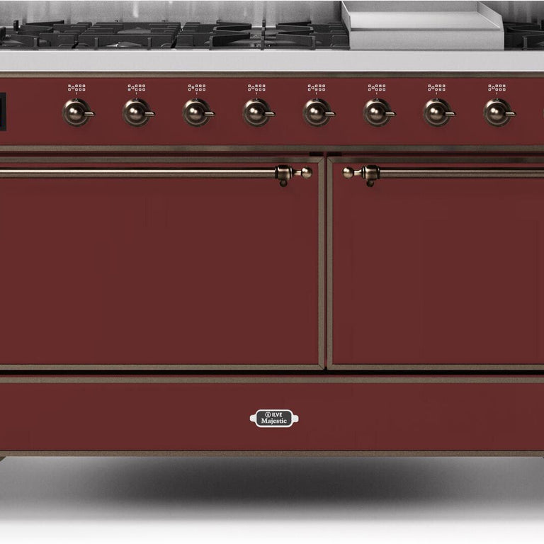 ILVE Majestic II 60" Natural Gas Burner, Electric Oven Range in Burgundy with Bronze Trim, UM15FDQNS3BUBNG
