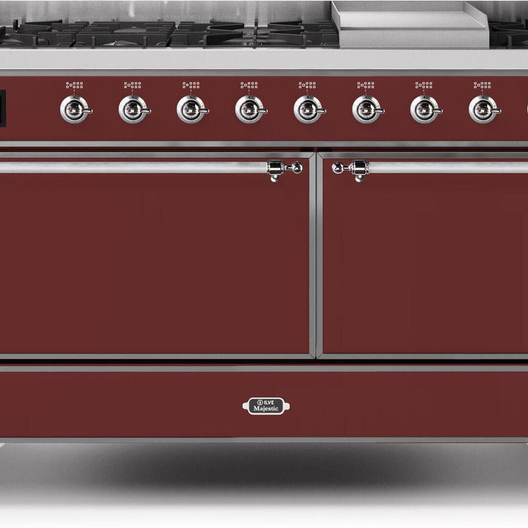 ILVE Majestic II 60" Natural Gas Burner, Electric Oven Range in Burgundy with Chrome Trim, UM15FDQNS3BUCNG