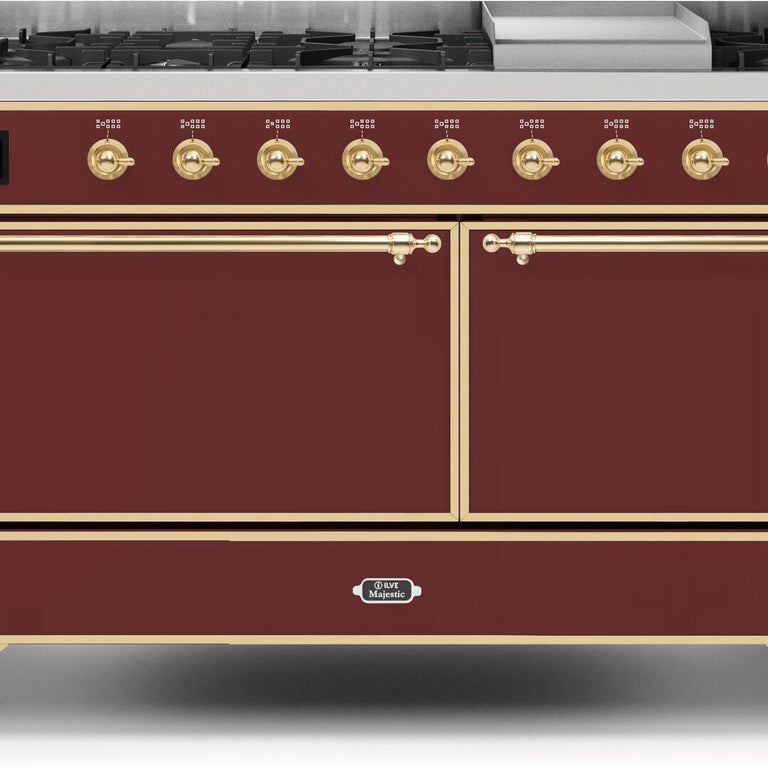 ILVE Majestic II 60" Natural Gas Burner, Electric Oven Range in Burgundy with Brass Trim, UM15FDQNS3BUGNG