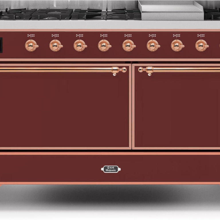 ILVE Majestic II 60" Natural Gas Burner, Electric Oven Range in Burgundy with Copper Trim, UM15FDQNS3BUPNG