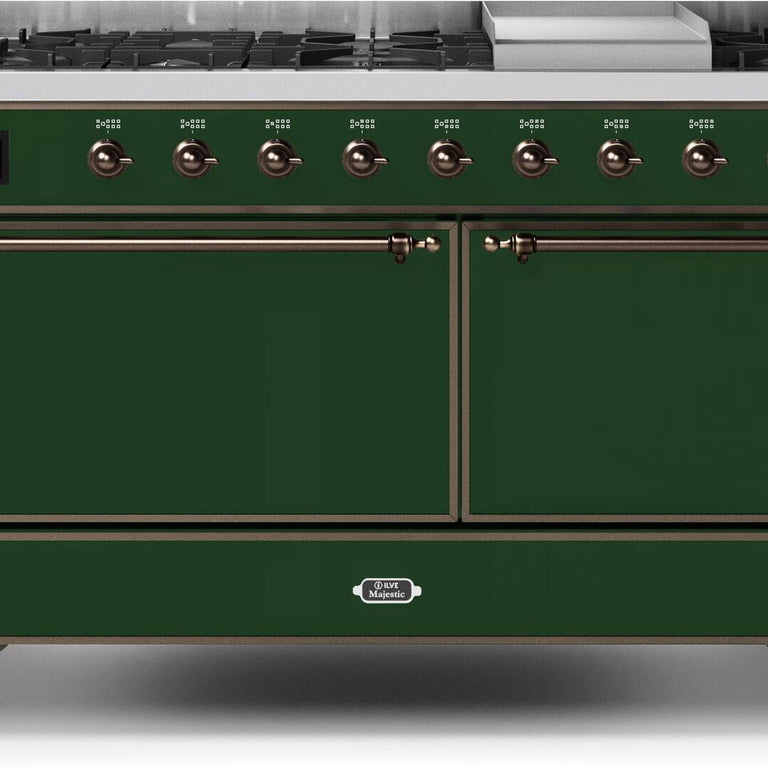 ILVE Majestic II 60" Natural Gas Burner, Electric Oven Range in Emerald Green with Bronze Trim, UM15FDQNS3EGBNG