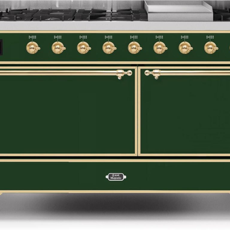 ILVE Majestic II 60" Natural Gas Burner, Electric Oven Range in Emerald Green with Brass Trim, UM15FDQNS3EGGNG