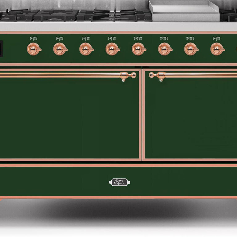 ILVE Majestic II 60" Natural Gas Burner, Electric Oven Range in Emerald Green with Copper Trim, UM15FDQNS3EGPNG