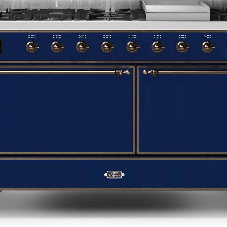 ILVE Majestic II 60" Natural Gas Burner, Electric Oven Range in Midnight Blue with Bronze Trim, UM15FDQNS3MBBNG