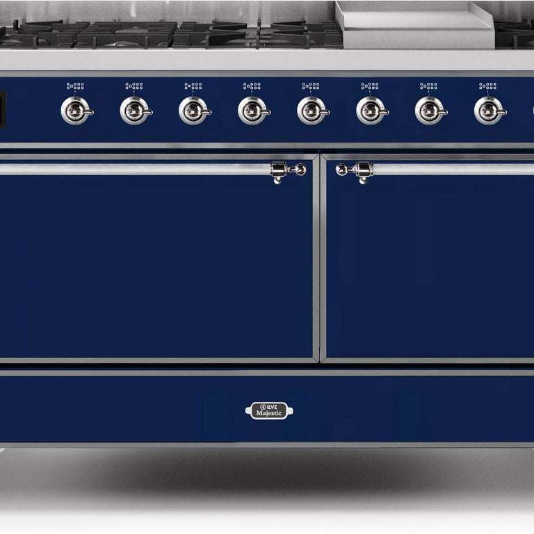 ILVE Majestic II 60" Natural Gas Burner, Electric Oven Range in Midnight Blue with Chrome Trim, UM15FDQNS3MBCNG