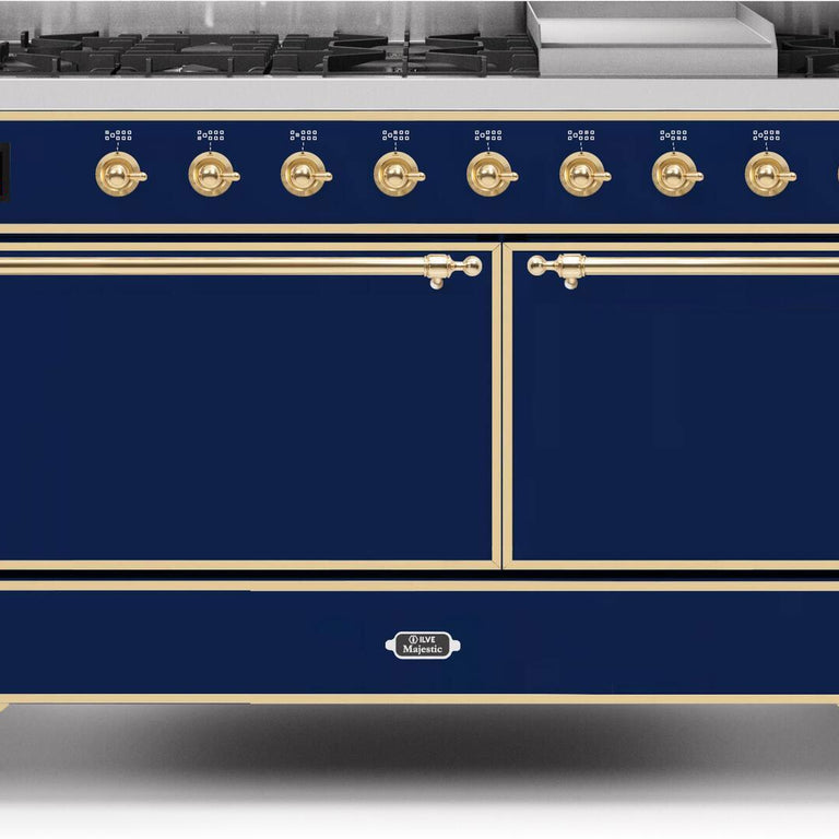 ILVE Majestic II 60" Propane Gas Burner, Electric Oven Range in Midnight Blue with Brass Trim, UM15FDQNS3MBGLP