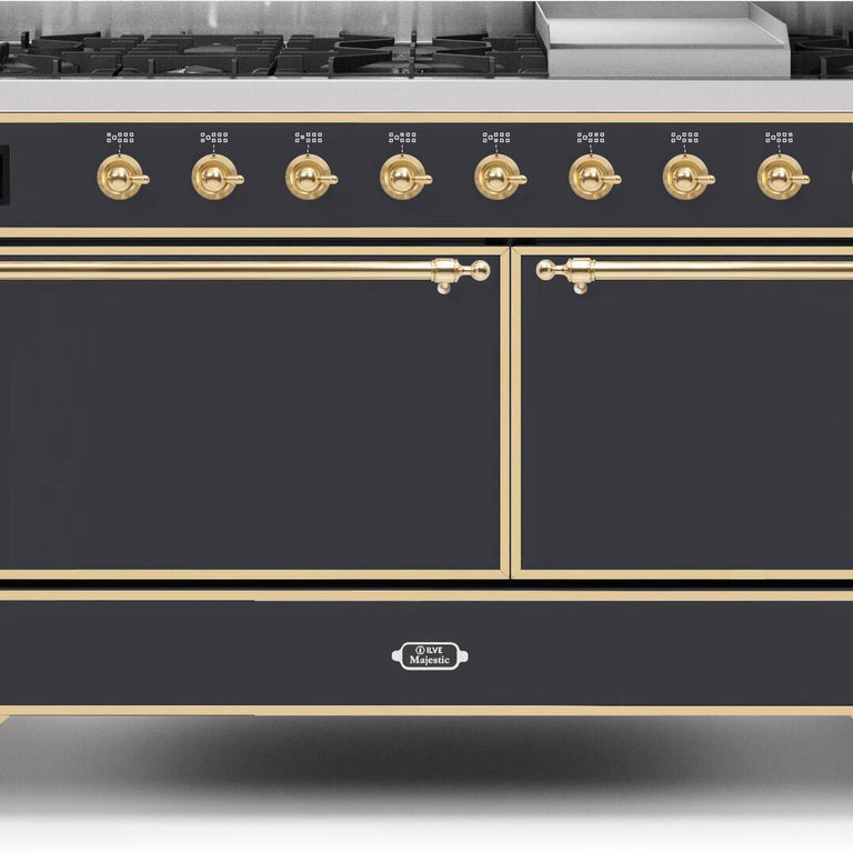 ILVE Majestic II 60" Propane Gas Burner, Electric Oven Range in Matte Graphite with Brass Trim, UM15FDQNS3MGGLP