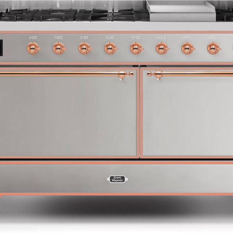 ILVE Majestic II 60" Natural Gas Burner, Electric Oven Range in Stainless Steel with Copper Trim, UM15FDQNS3SSPNG