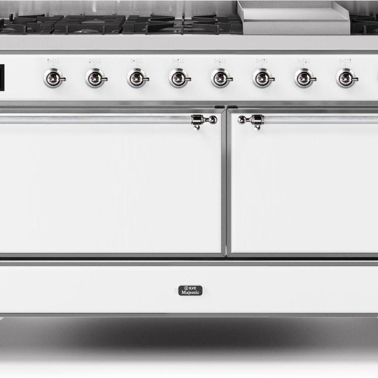 ILVE Majestic II 60" Natural Gas Burner, Electric Oven Range in White with Chrome Trim, UM15FDQNS3WHCNG