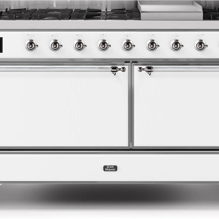 ILVE Majestic II 60" Propane Gas Burner, Electric Oven Range in White with Chrome Trim, UM15FDQNS3WHCLP