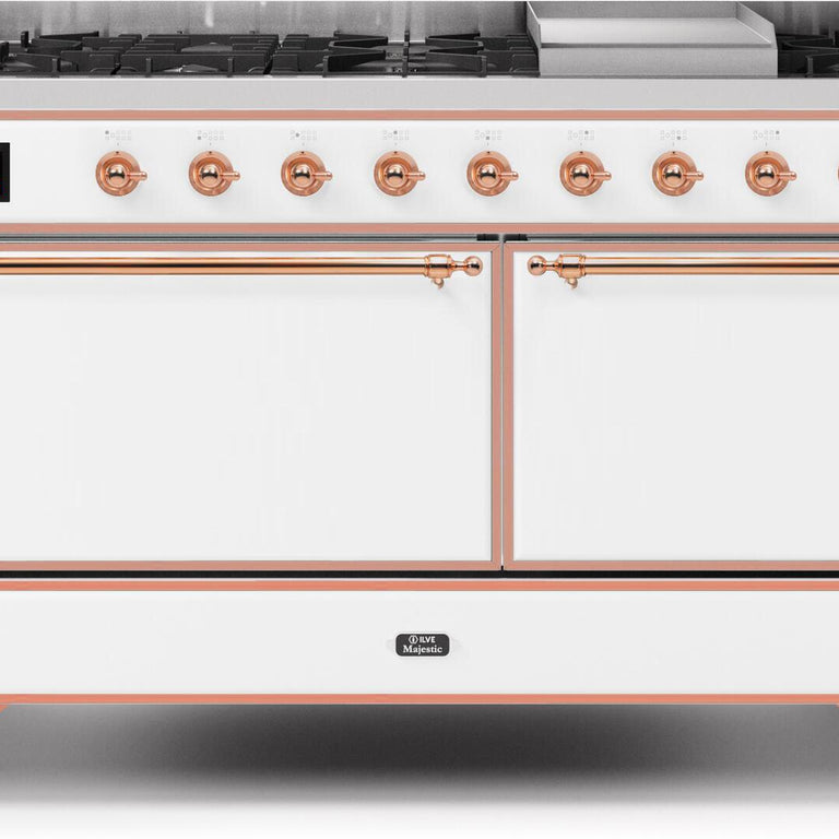 ILVE Majestic II 60" Propane Gas Burner, Electric Oven Range in White with Copper Trim, UM15FDQNS3WHPLP